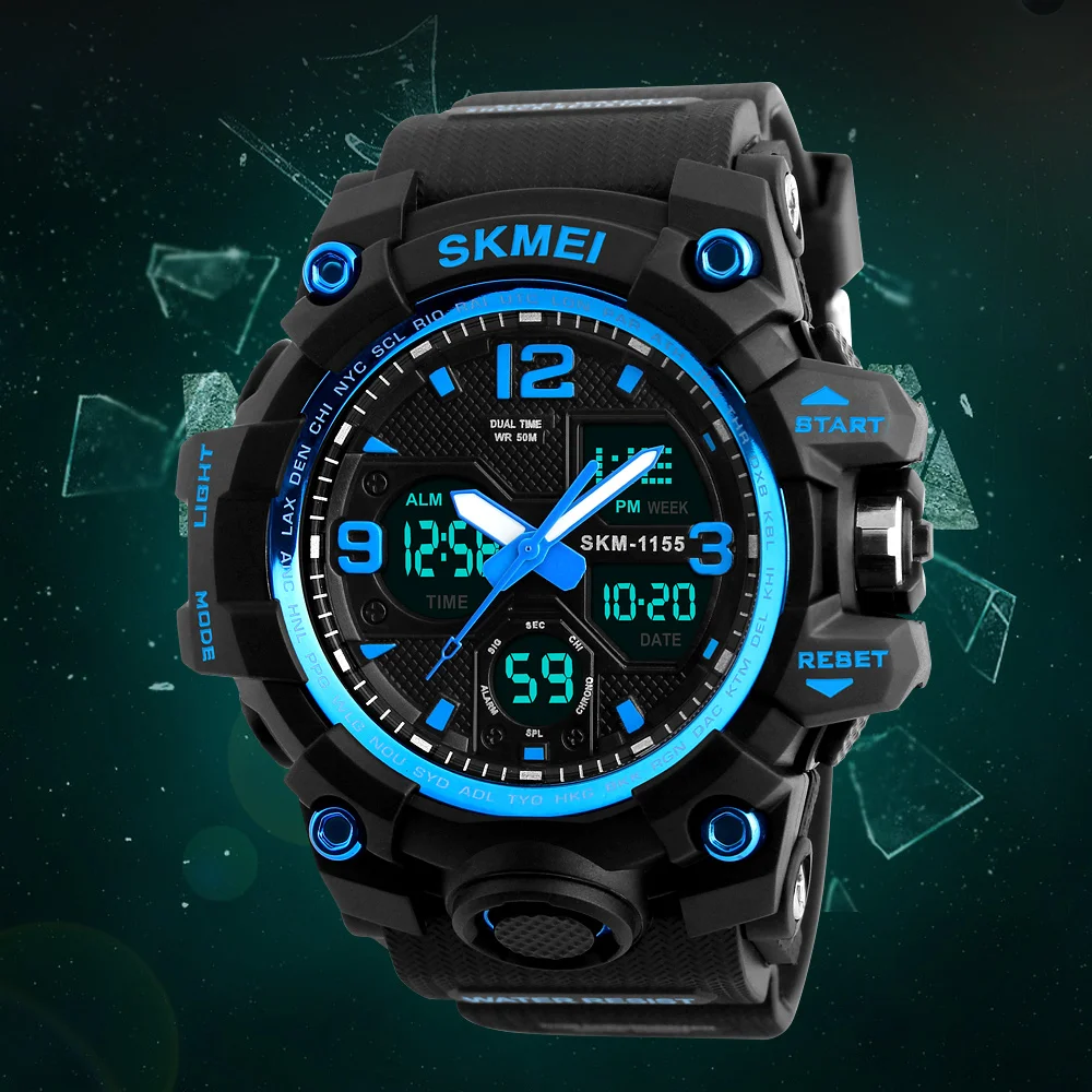 SKMEI 1155B 5Bar Wasserdicht Dual Display Armbanduhren Relogio Masculino uhr Sport Männer Militär Digitale Uhren Sport Uhr