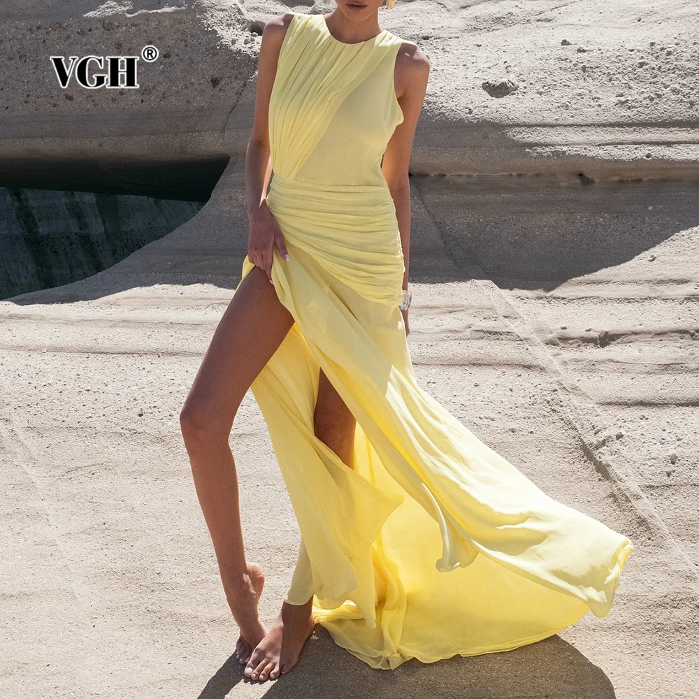 

VGH Solid Elegant Slimming Folds Dresses For Women Round Neck Sleeveless High Waist Temperament Dress Female Fashion Style New