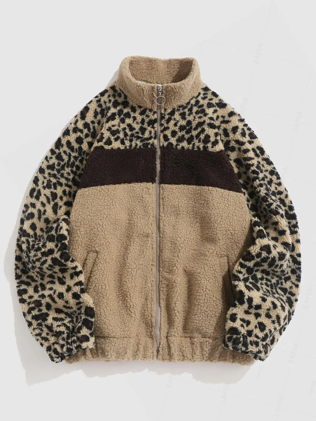 

ZAFUL Leopard Print Fluffy Faux Sherpa Zip Fly Jacket