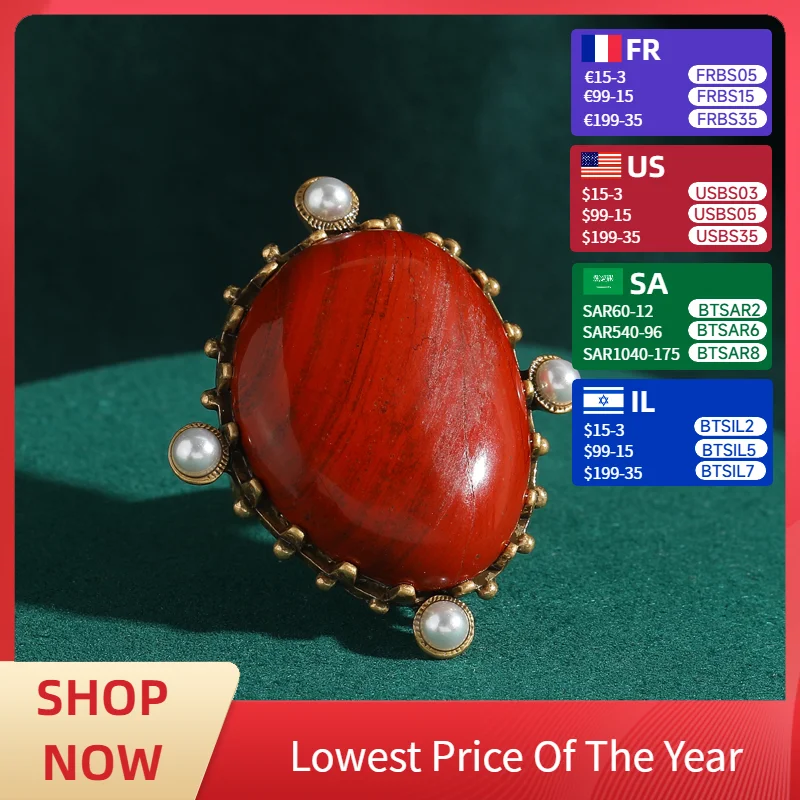 

Vintage Oval Natural Stone Red Rings Retro Outfits Coral Pearls Wedding Bride Party Antique Jewelry Finger Accessories For Women