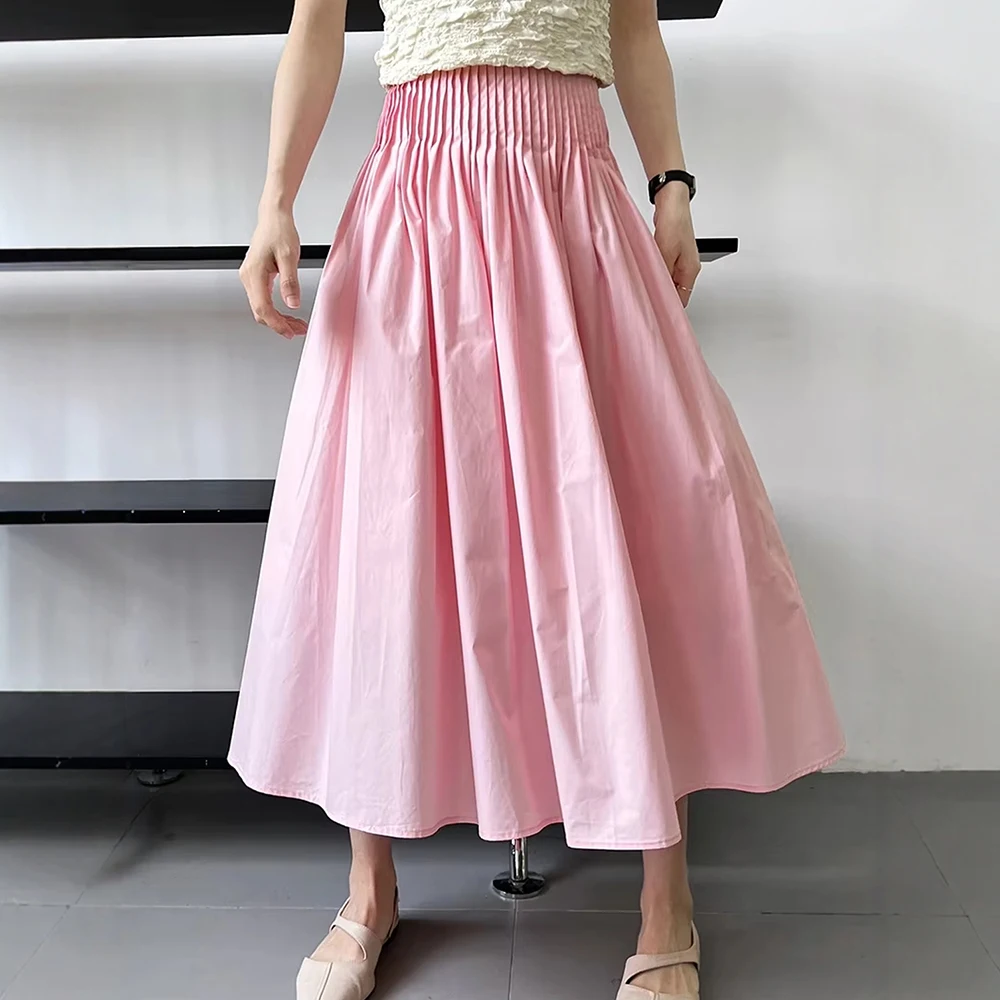 Faldas Primavera Verano mujer ropa elegante Simple pliegues lisos Midi cintura alta A-Line faldas para citas para mujer