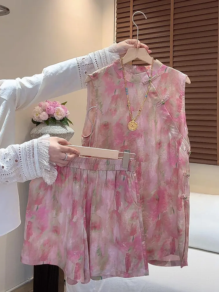 

Новый высококачественный розовый жилет в китайском стиле, женский летний жилет без рукавов с пряжкой, топ, повседневные шорты, модный комплект из двух предметов