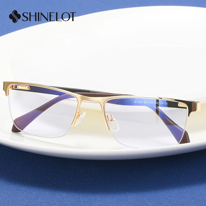 

91304 Men Eyeglasses Gold Plating Frame Narrow Half Frame Metal Radiation Protection Eyewear Male Durable Glasses