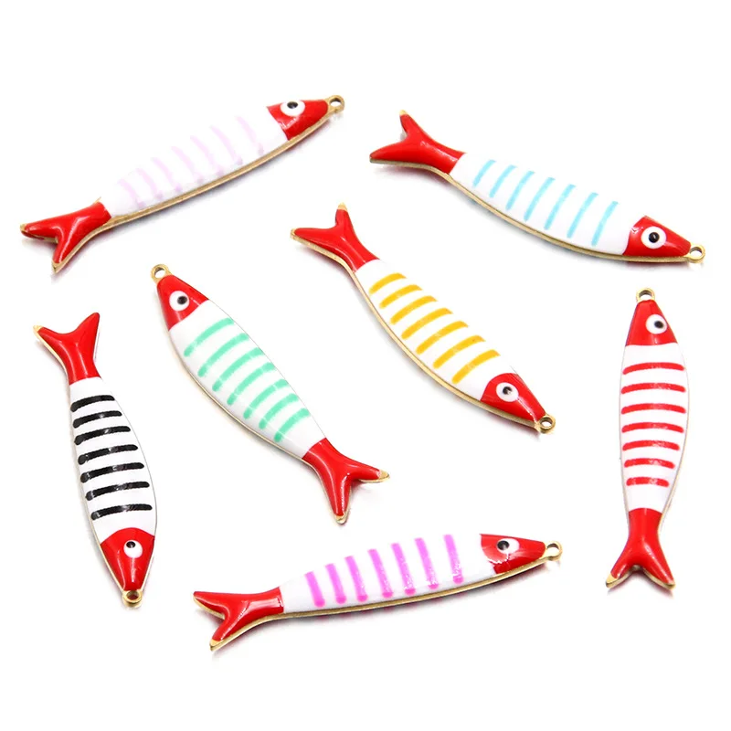 

7Pcs Stainless Steel Gold Enamel Drip Oil Animal Double Sided Striped Small Fish Charm Pendant DIY Jewelry Accessory