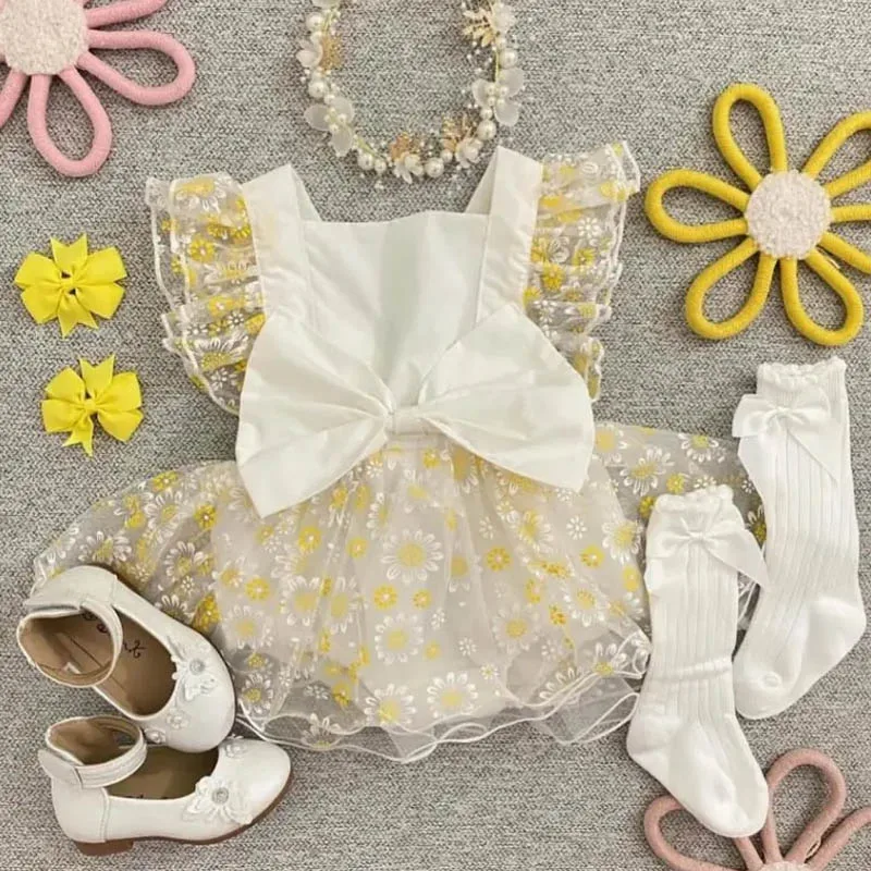 

Baby Girl Dress Summer Ruffle Fly Sleeve Bow Princess Dress Children Gilrs Clothing Kids Custome