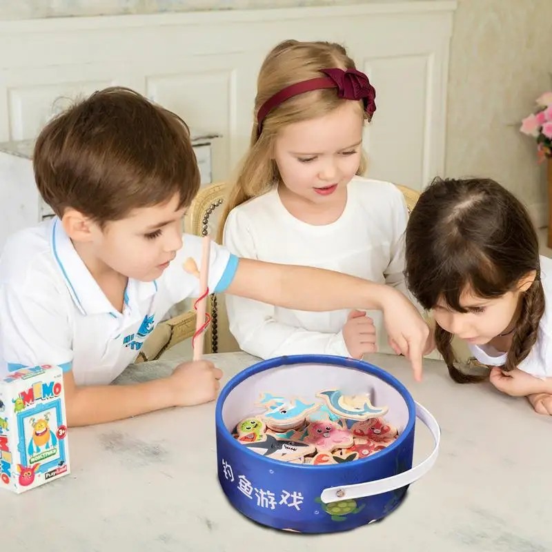 Jeu de pêche magnétique en bois pour parents et enfants, panier coule pour l'éducation précoce, accessoires de jouets de poissons pour les activités de plein air