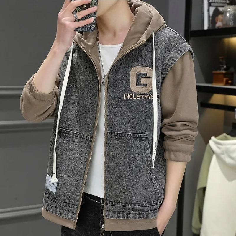 

Men Contrast Colors False-Two-Piece Denim Jacket Autumn Winter Male Trendy Hooded Thicken Outwear Casual Oversized Loose Outcoat