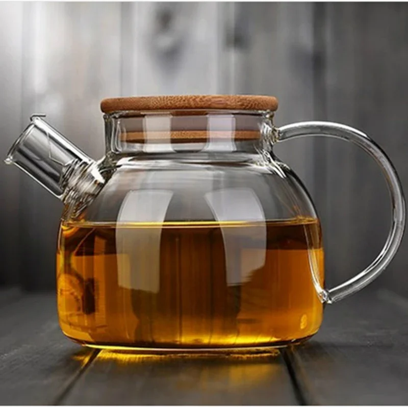 1000ml/1800ml Large Capacity Transparent Glass Teapot Heat-resistant Filter Flower with Bamboo Cover Handle Juice