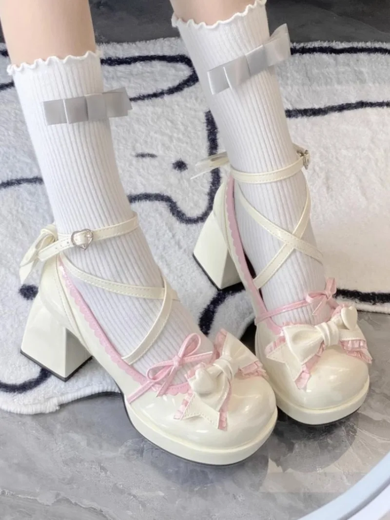 ส้นกลางกันน้ําแพลตฟอร์มLolitaรองเท้าBowknotน่ารักหวานญี่ปุ่น 7 ซม.รองเท้าเดียวผู้หญิงเค้กเจ้าหญิงสไตล์