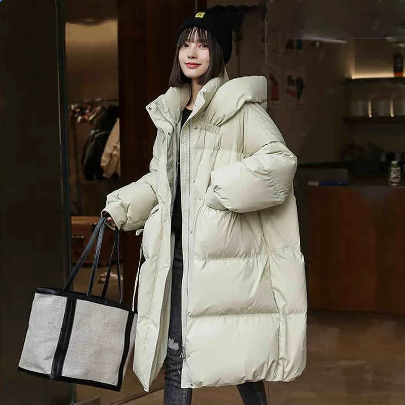 Down Jacket Women Winter New Thickened White Duck Down in The Long Section Fashion Hooded Loose Large Silhouette Tie Warm Coat