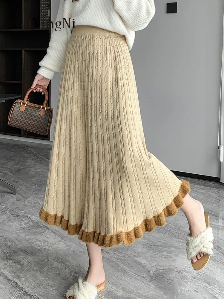 Beiyingni New Fashion Skirt Women Warm High Street Casual Patchwork A-line Long Knitted Skirts Female Korean Style Gray Faldas