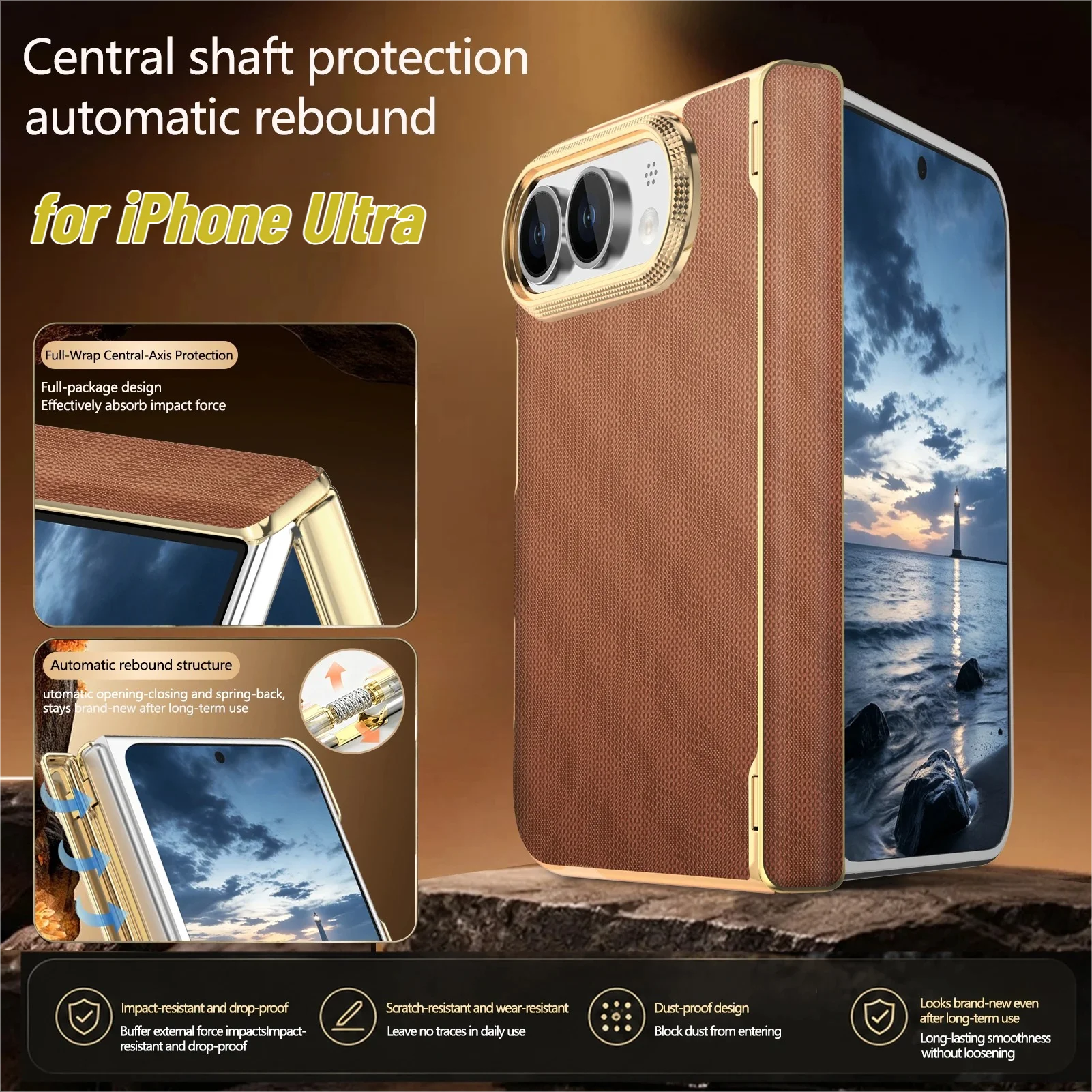Luxury Retro Plating Edge Skin-Feel Leather Phone Case‌ for iPhone Dou18 Fold Hinge Full-Protect Lens Riased Anti-drop Cover