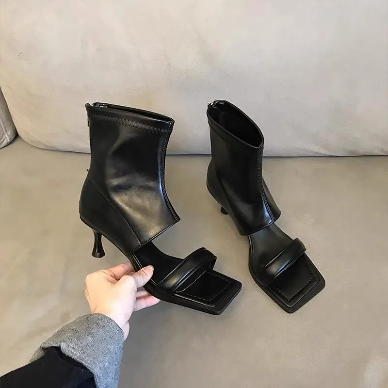 

Женские модные ботильоны на высоком каблуке с открытым носком, новые летние, с квадратным носком, на тонком ремешке