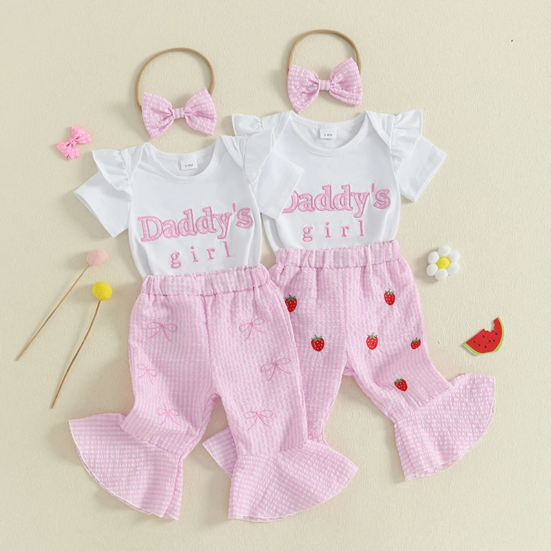 

0-18months Infant Girls Pants Sets Short Sleeve Letter Embroidery Romper Flared Pants Sets