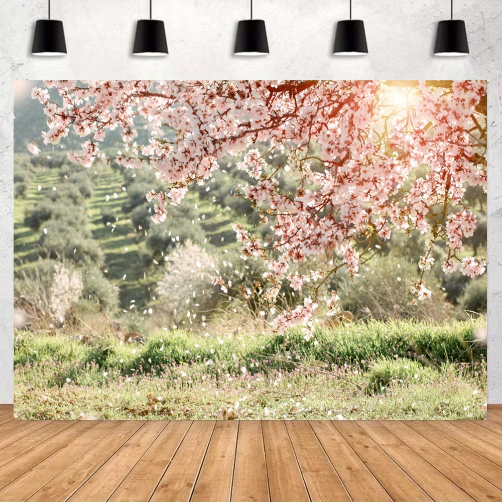 Natural Spring Landscape Banner Shooting Backdrop Cherry Blossom Fence Flower Children Portrait Background Decor Photo Studio ﻿