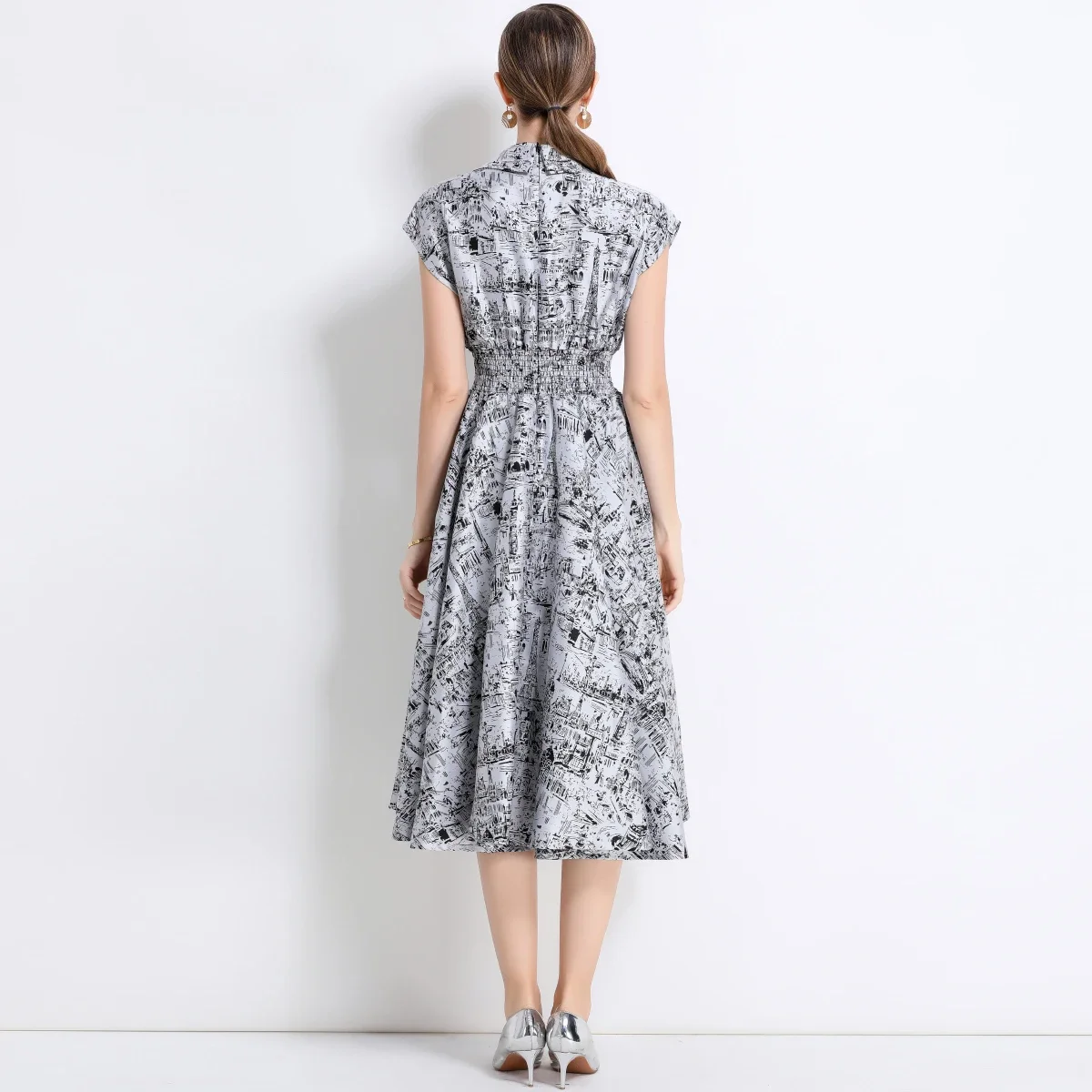 Modne sukienki damskie z krótkim rękawem i nadrukiem, sukienka damska z kołnierzykiem, dopasowana sukienka damska w kształcie litery A, Vestidos De Verano Mujer Q387