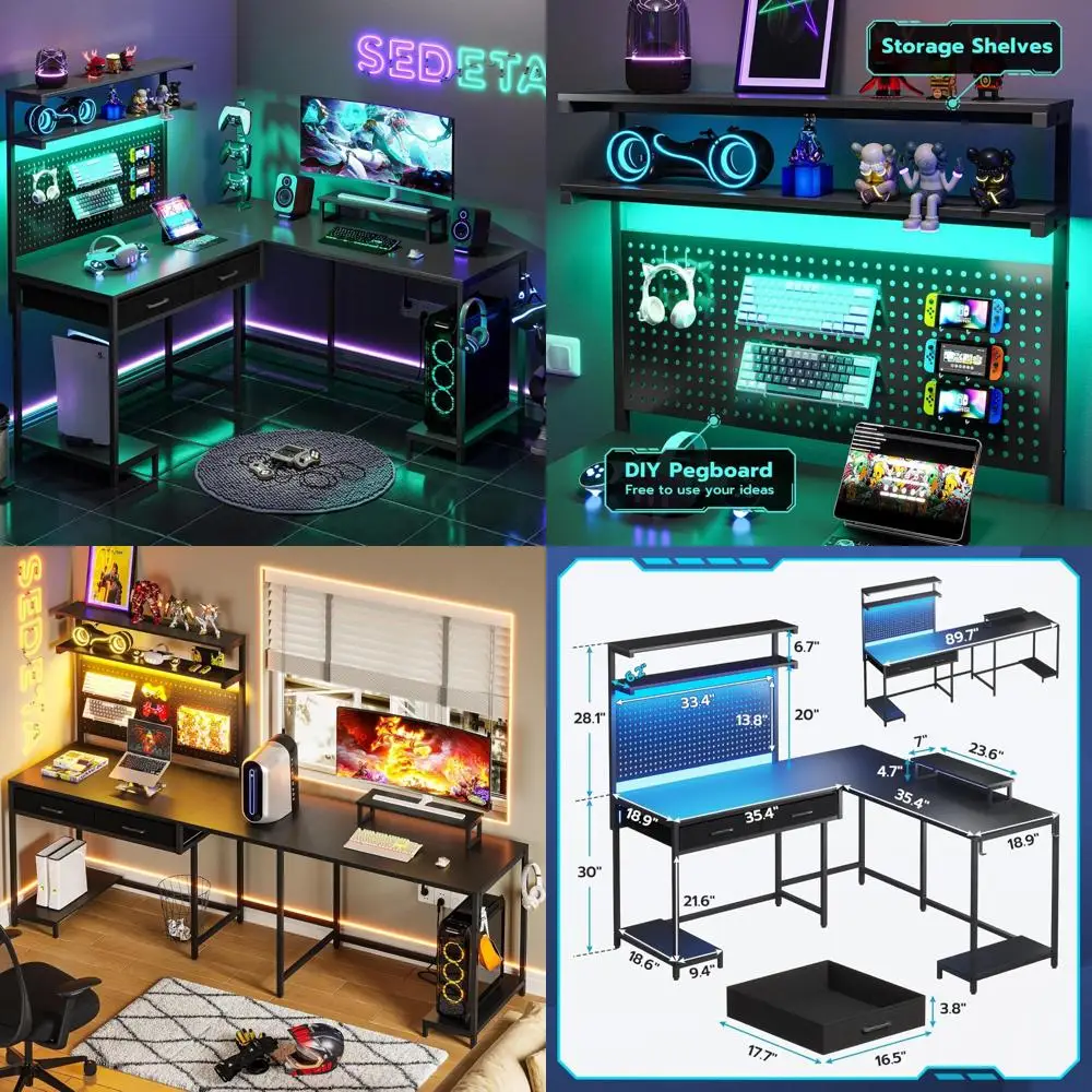 

L Shaped Gaming Desk with LED Lights And Monitor Stand Computer Desk with Hutch And Storage Pegboard Drawers for Home Office