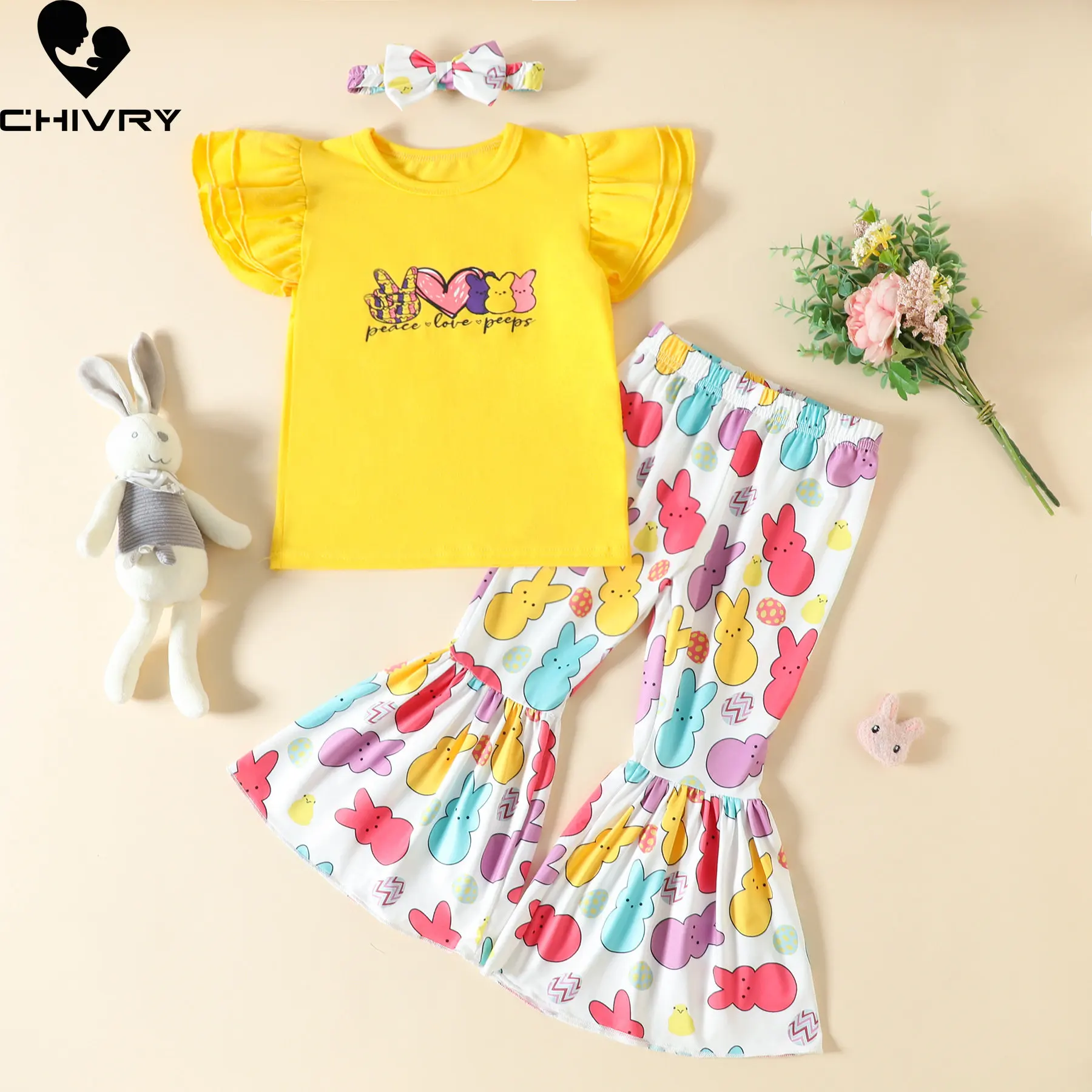 New 2023 Summer Baby Girls Cartoon Rabbit Short Sleeve T-shirt Tops Flared Trousers with Headwear Three-piece Clothing Sets