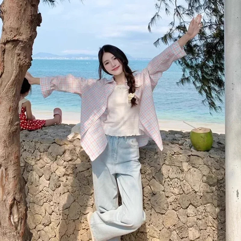 

Early spring color plaid shirt jacket women's top 2025 spring and autumn new design sense niche loose shirt