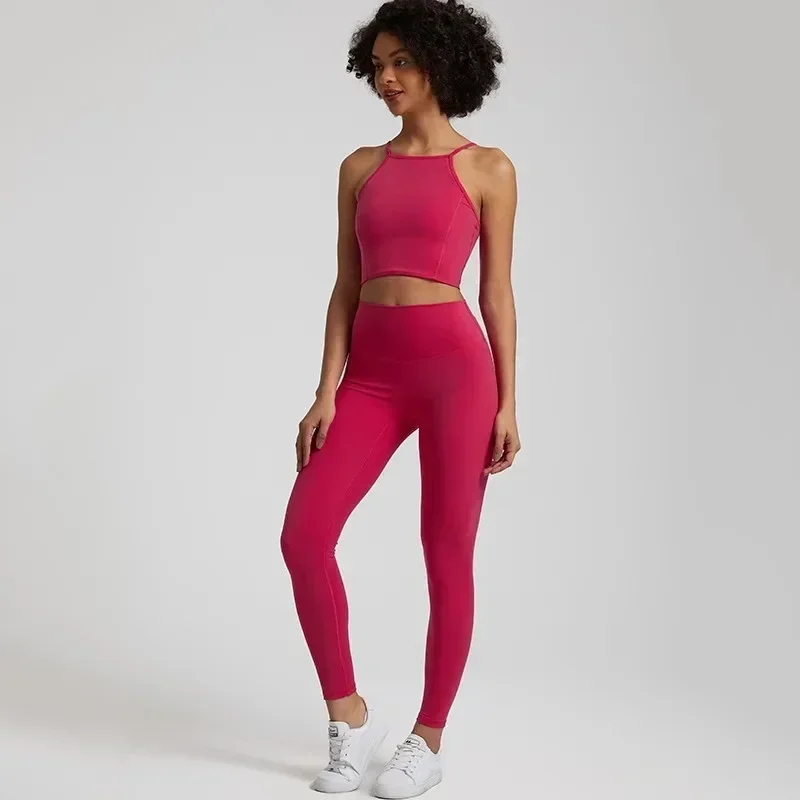 Conjunto de sutiã esportivo e legging com costas de limão para mulheres, ginásio fitness, legging para ioga, treino abrangente, roupa de jogging, gola redonda, 2 peças