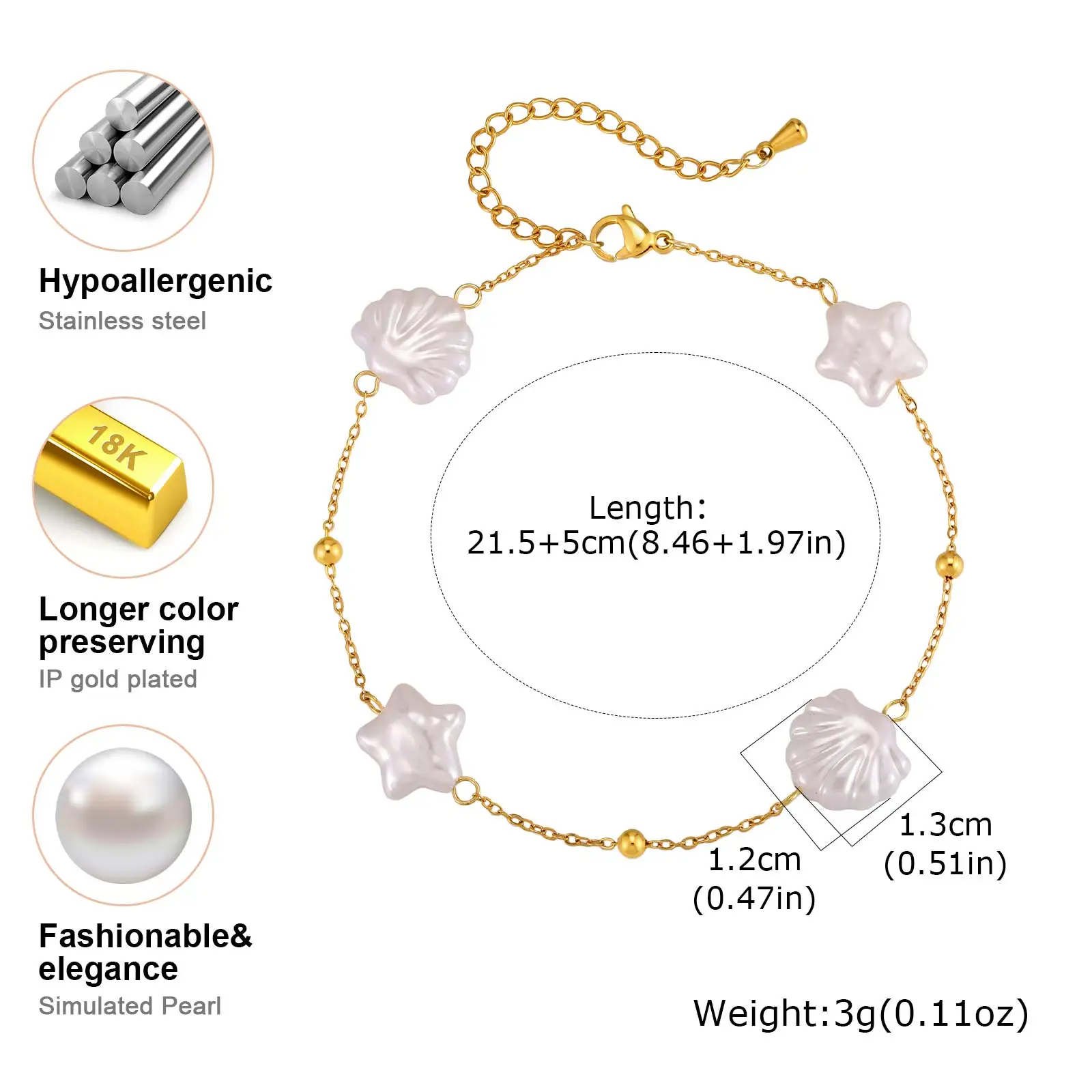 Vnox Exquisite Irregular Star Shell Imitation Pearl Charms Anklet Stainless Steel Gold Plated Foot Chain Anklet Jewelry