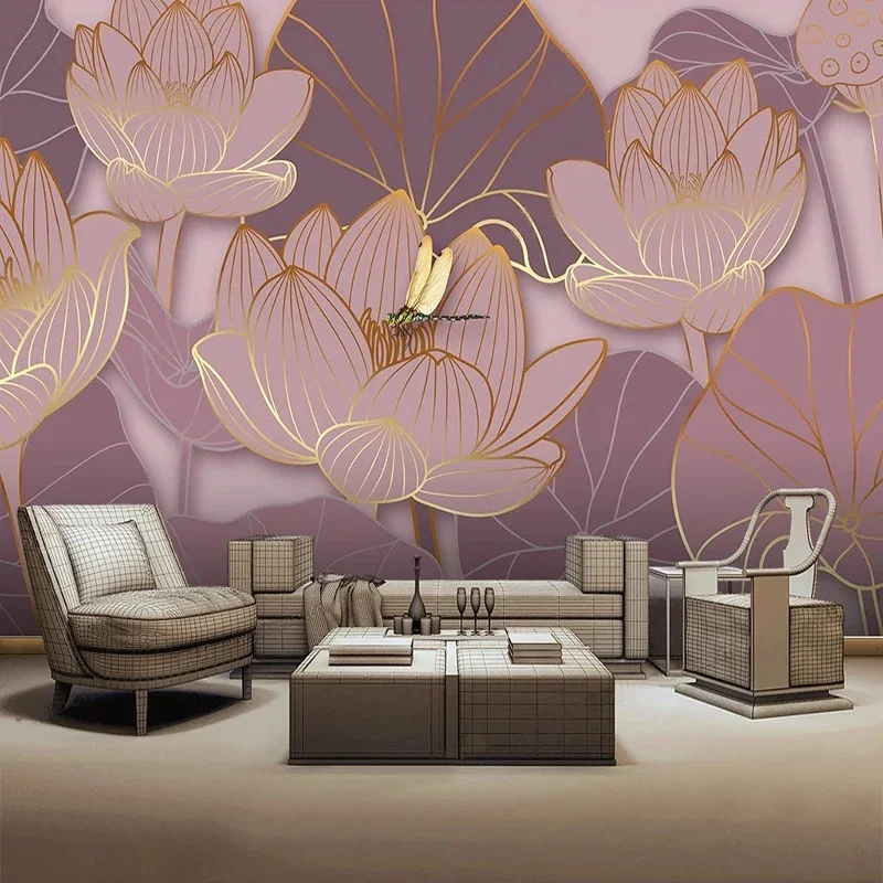 

Custom Mural Wallpaper 3D New Chinese Style Light Luxury Lotus Dragonfly TV Sofa Background Wall Decoration Painting Papel Tapiz