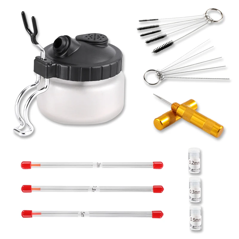 Airbrush Cleaning Tools Kits for Spray Gun Airbrush Glass Jar Pot with 3 Set Clean Parts And Replaceable Air Brush Needle Nozzle