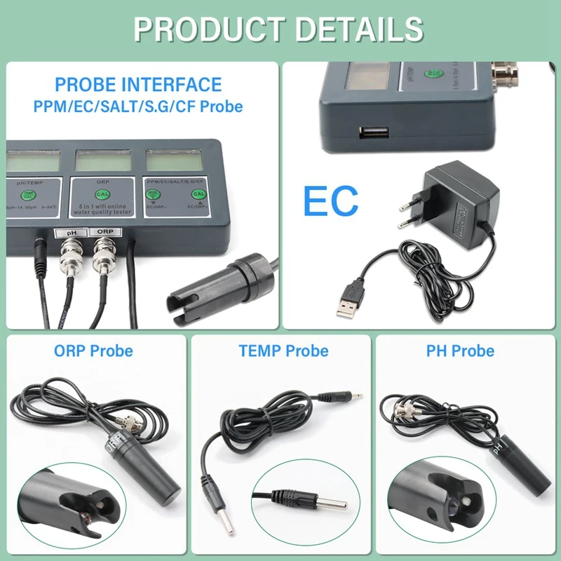 Ferramenta de teste de qualidade da água recarregável 8 em 1, s.g, ph, ce, sal, orp, tds, cf, temp, teste multiparâmetro para aquário-AC47