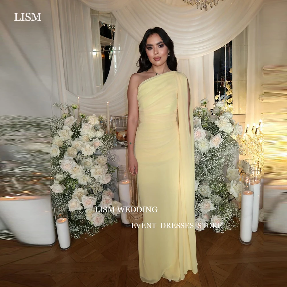 

LISM Simple Yellow Evening Dresses Dubai Arabic Women One Shoulder Cape Long Sleeve Prom Gowns Formal Party Dress Event Gowns