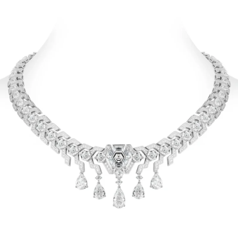 

BELLUX Fine Jewelry 925 Silver Synthetic Zircon White Full Diamond Water Drop Tassel Luxury Fashion Wedding Necklace