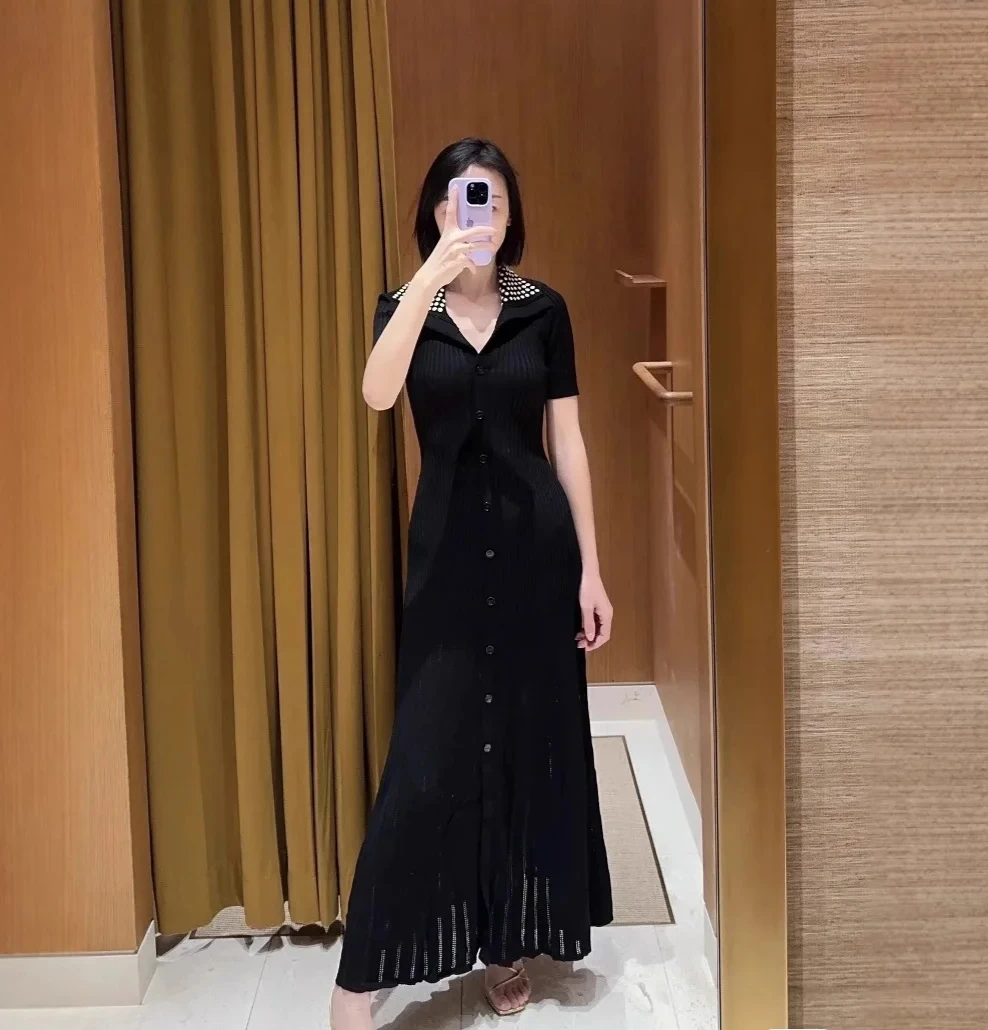 

2025 women new lapel knitted dress pearl decoration single breasted grand festival party midi robe