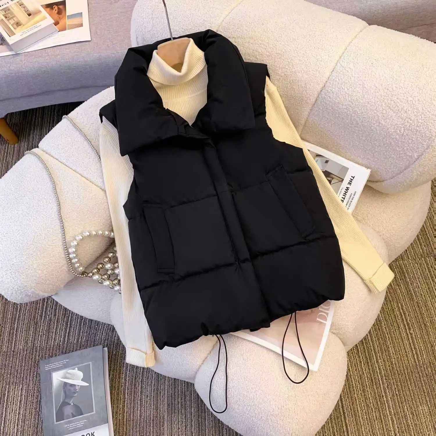 Übergroße Baumwollweste mit Reißverschluss, lockere Damenweste für Herbst und Winter, lässige Weste, ärmellose Kleidung, einfarbige Basic-Jacke, Oberteil – Detail 11