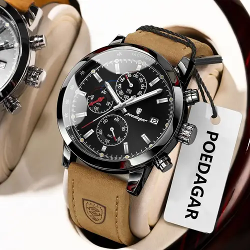 Reloj POEDAGAR de cuarzo a la moda para hombre, cronógrafo luminoso resistente al agua con fecha, Reloj de cuero para hombre, relojes de negocios de lujo para hombre, Reloj