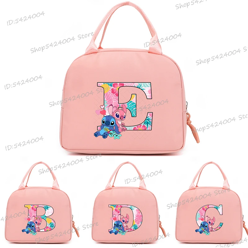

Pink Stitch Print Women Men Lunch Bag Fashion Cartoon Letter A-Z Kids Portable Insulated Bag School Multifunctional Food Handbag