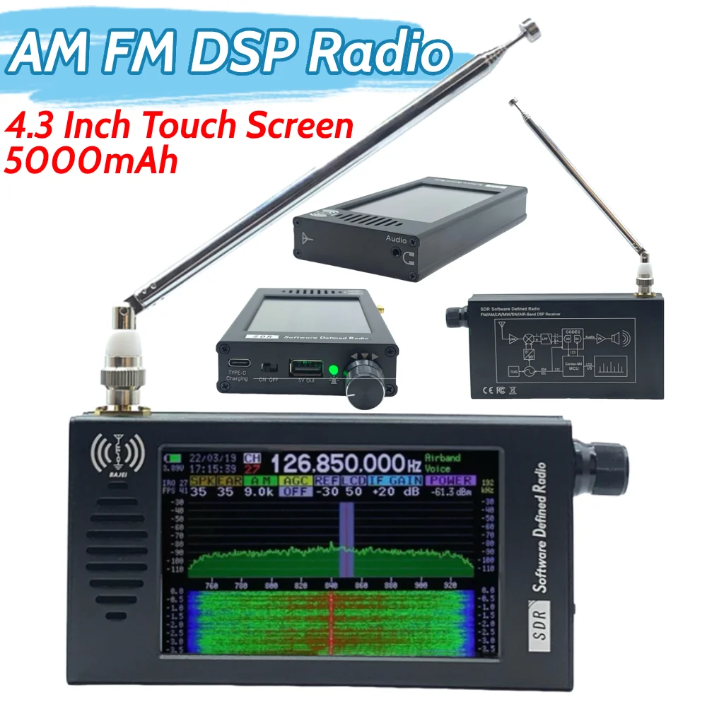 DSP SDR Radio Receiver Shortwave AM FM DSP Radio 4.3 Inch Touch Screen Stereo MP3 Player with Headphone Antenna Jack for Outdoor