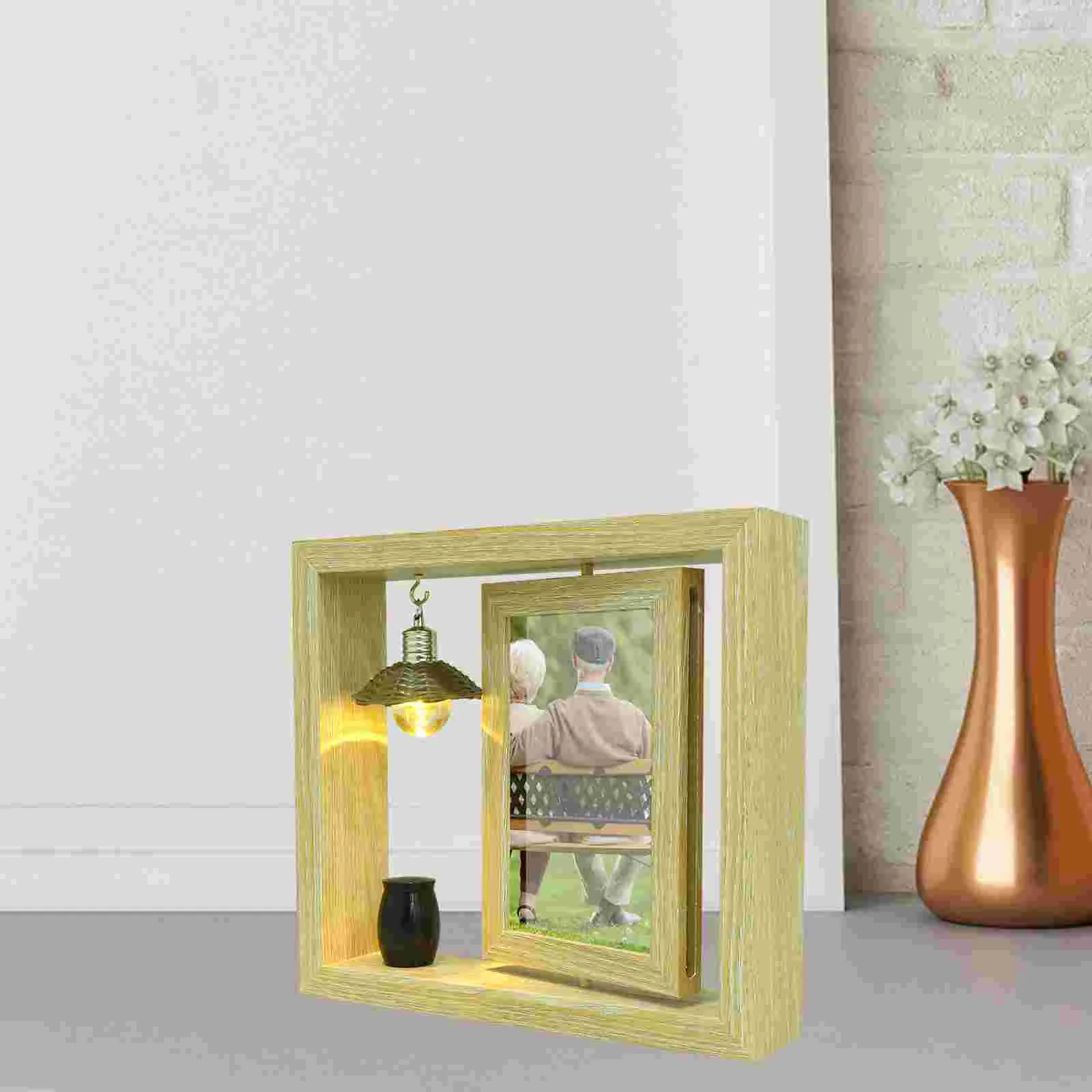 Jar Picture Rotating Photo Frame Urn Dad Pet Memorial with Vial Metal Wood Keepsakes Desktop Wooden