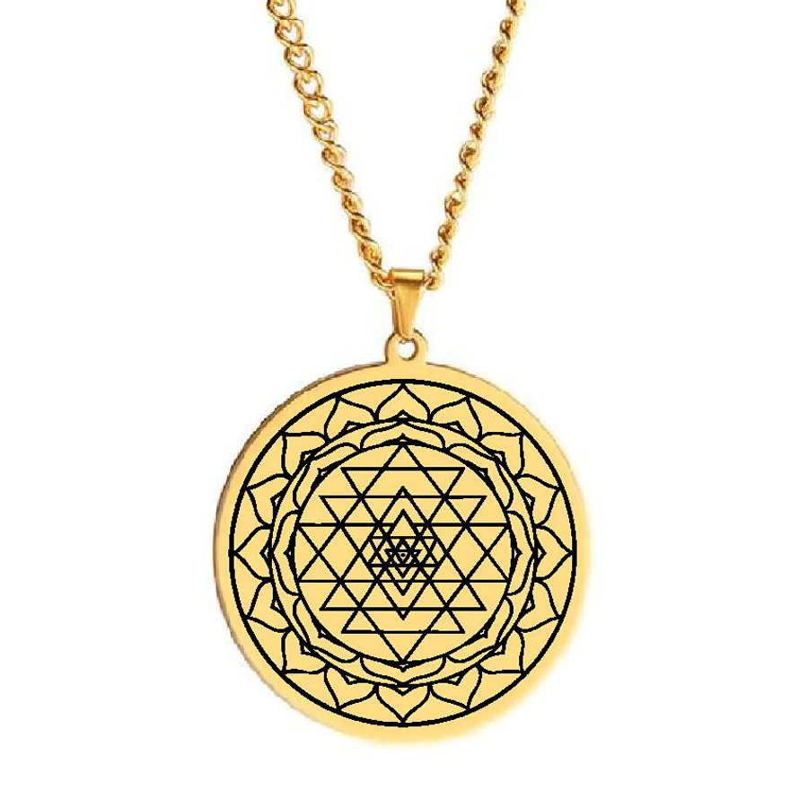 Pentacle of Protection Chakra 3rd Eye Hindu Goddess Yoga Indian Sri Yantra Wicca Wealth Mandala Stainless Steel Pendant Necklace