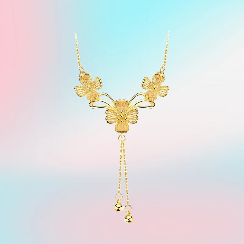 

new 9999 Real Gold 24K Golden Girl Long Flower Clavicle Necklace Premium Wedding Osmanthus Flower Set Chain