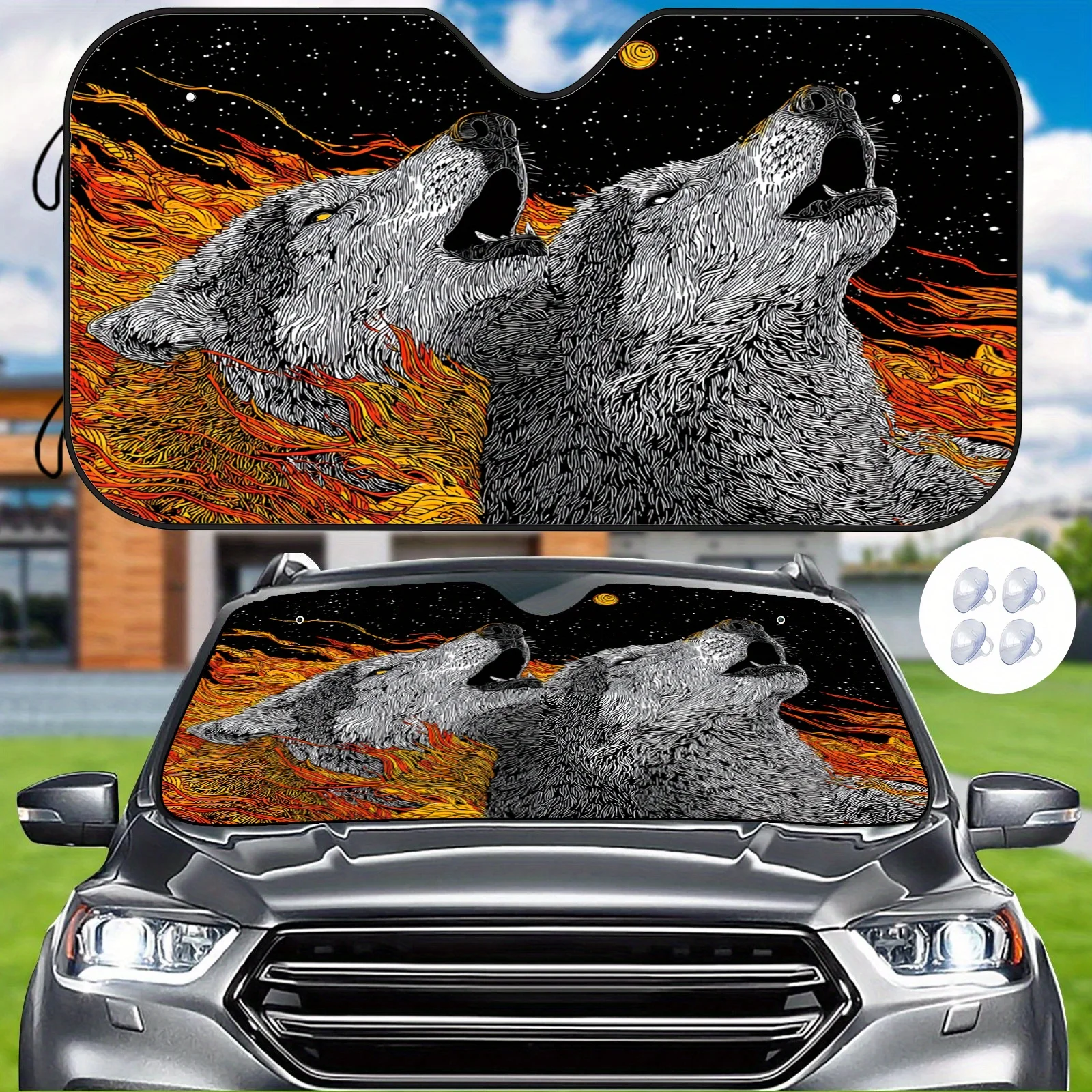 Twin Wolves Howling At The Moon Line Drawing Sunshade, Cool Wild Starry Sky Aesthetic, Easy Installation And Durable, Includes 4