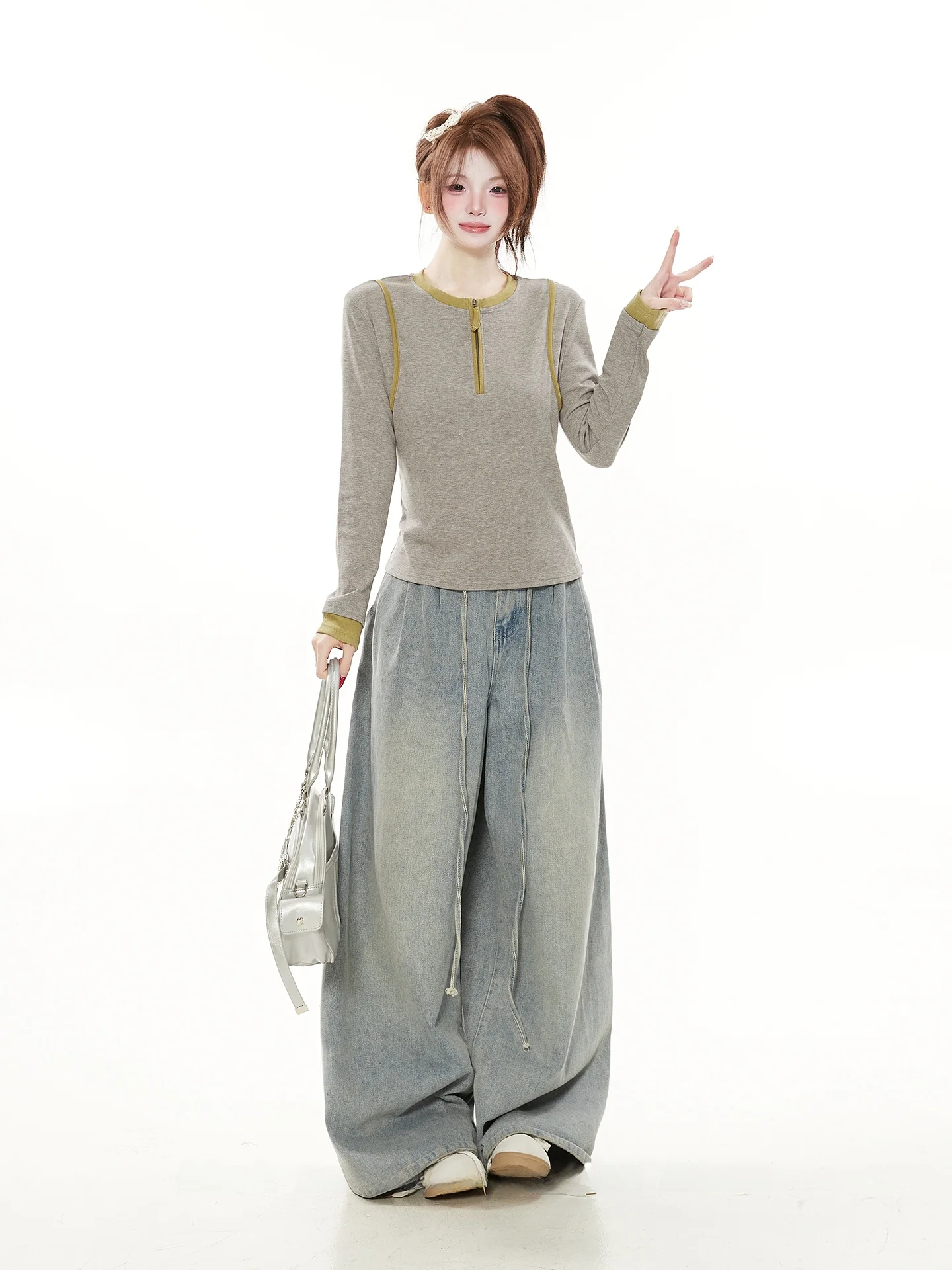 

Korean Sle Long Sve Fce Lined Zipper round Ne T-irt Women's Autumn Winter Base irt Inner Wear Creative Pattern