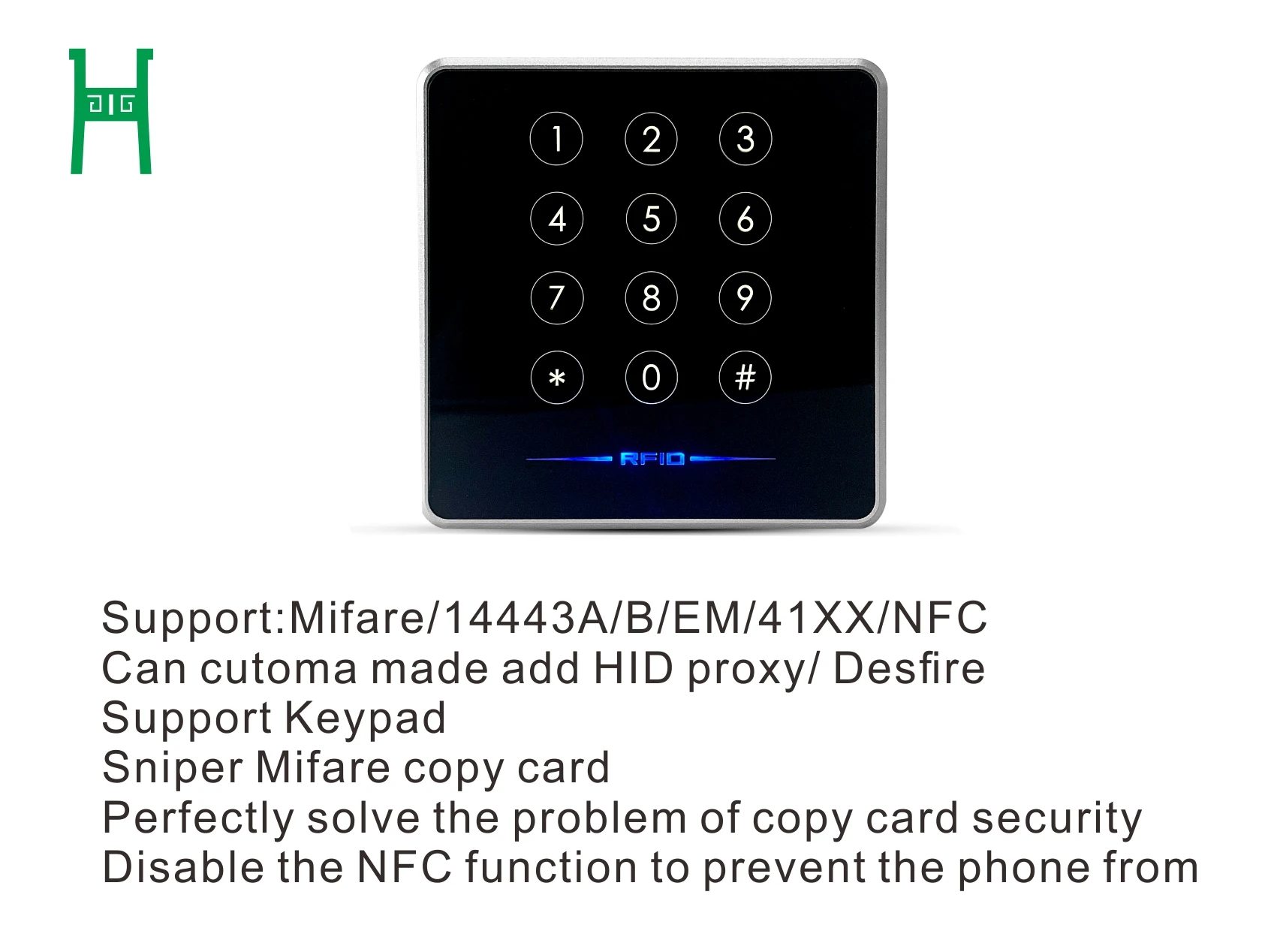 Mifare-lector de tarjetas de Control de acceso, dispositivo de Metal, NFC, RFID, teclado, Wiegand26/34, salida RS485/RS232, puede personalizar HID