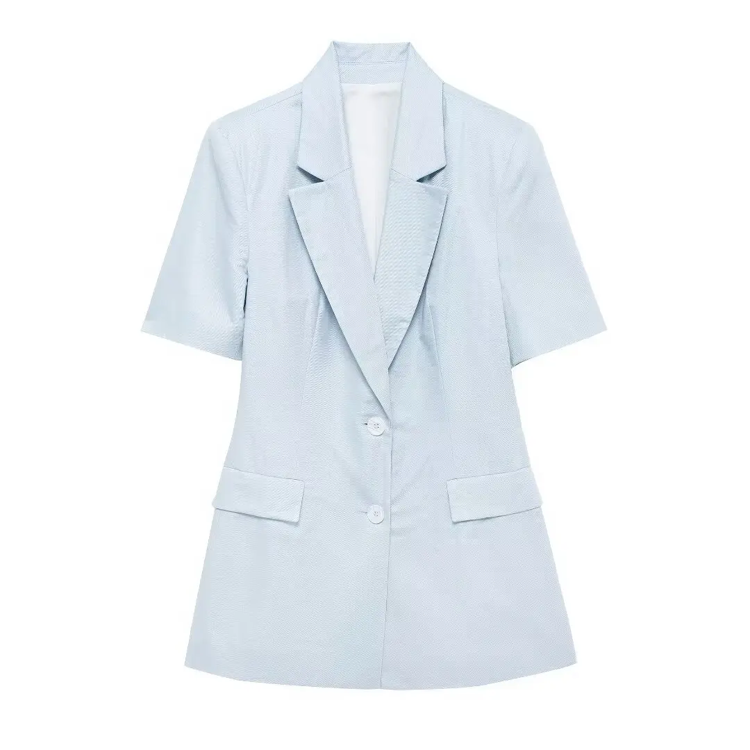 Tangada Women Solid Blue Blazer 2024 Female Short Sleeve Jacket Outwear BE0127