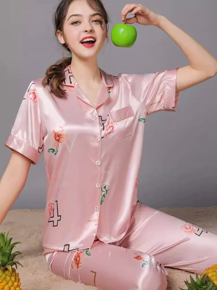 100% Mulberry Silk Top and Pants Pajama 2 Piece Suit Pyjama Femme Nightwear Leisure Summer Home Wear Set Luxury Silk Loungewear