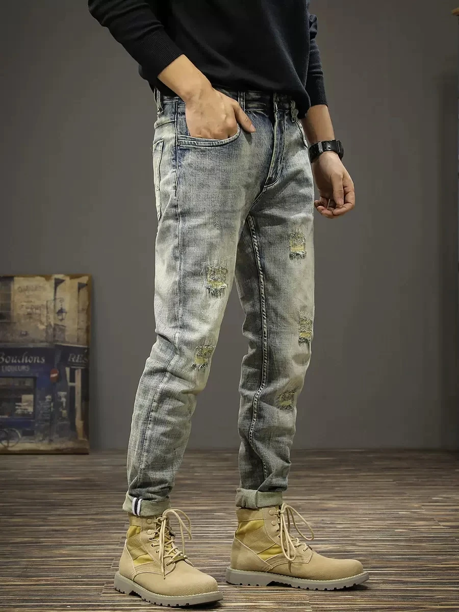 Fashion Designer Men Jeans Retro Washed Stretch Slim Fit Ripped Jeans Men Trousers Patched Vintage Casual Denim Pants Hombre