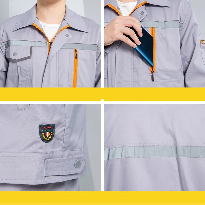 Ropa de trabajador duradera de alta calidad, diseño de moda, uniformes de trabajo de fábrica de colores contrastantes, trajes de trabajo de seguridad con rayas reflectantes