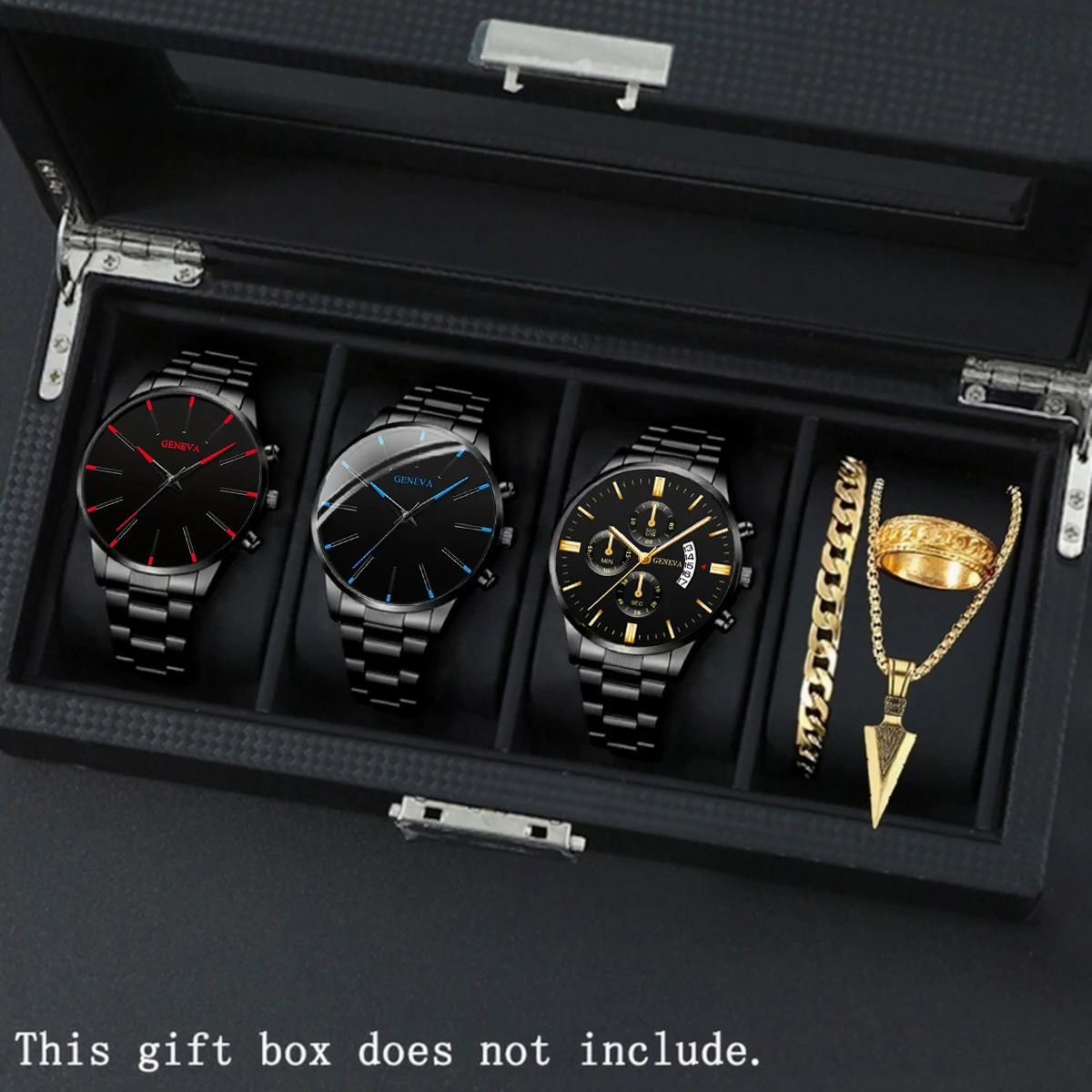 

Luxury Men Business Quartz Watches 6pcs Set Gold Alloy Roman with Calendar Wrist Watch Cross Necklace Bracelet Ring Set Men Gift