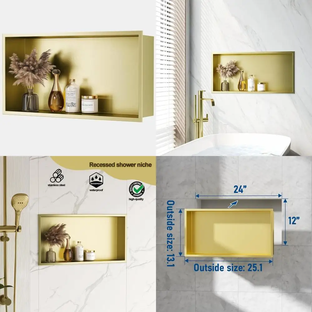 

Golden Stainless Steel Recessed Shower Niche, 25.1x13.1 (Inner 24x12), No Tile Required