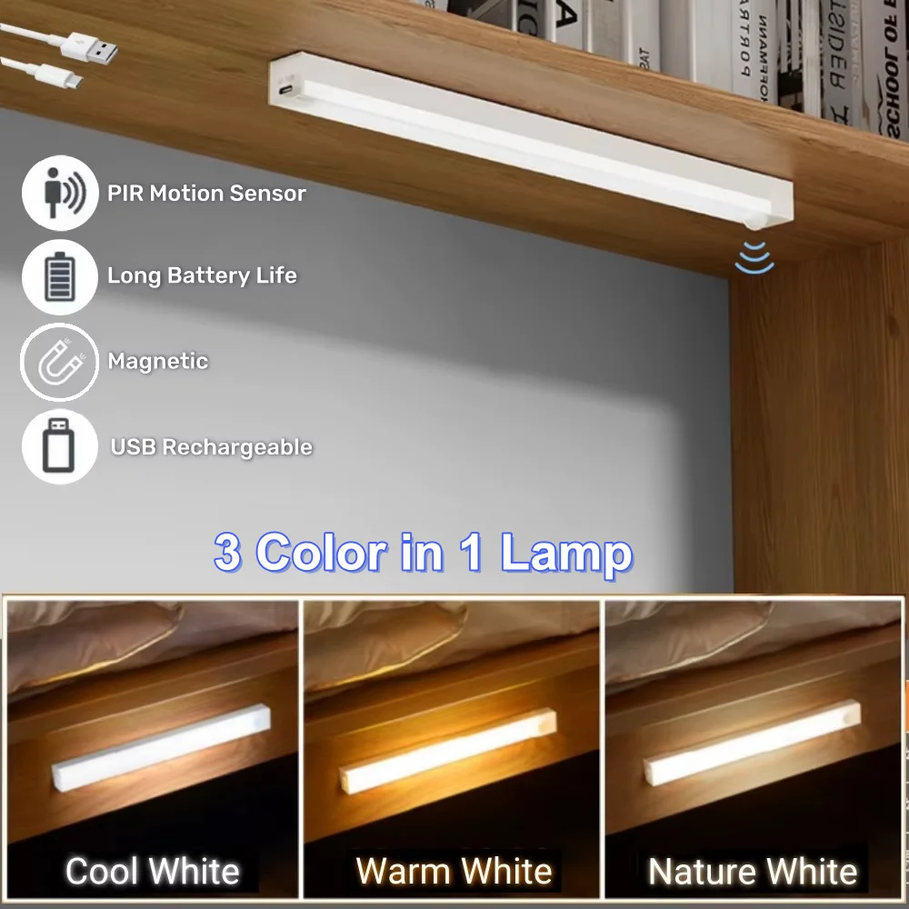 USB Rechargeable Motion Sensor LED Night Light Wireless Detector Bar Lamp for Cabinet Wardrobe Kitchen Staircase Bedside Decor