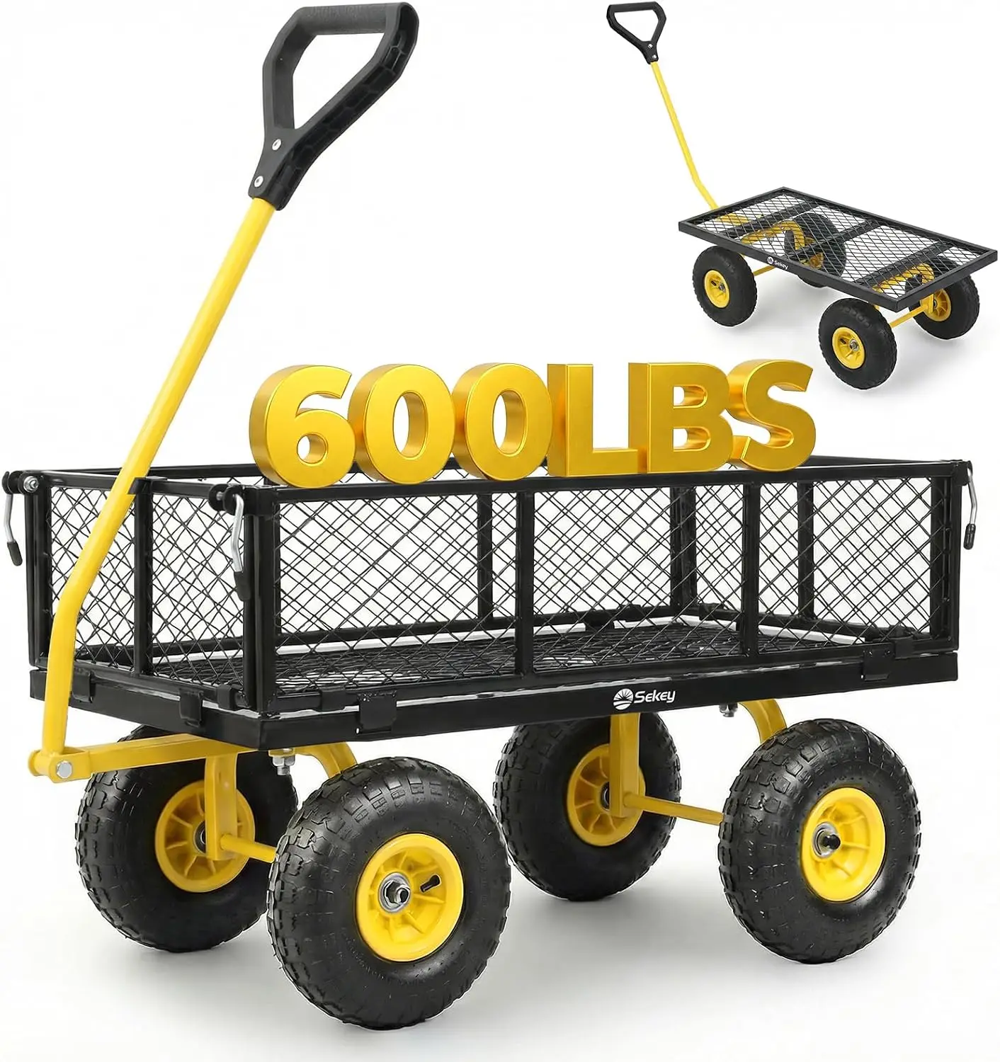 Garden Utility Cart with Steel Mesh Body, 600 lb Load Rating, Removable Side Walls