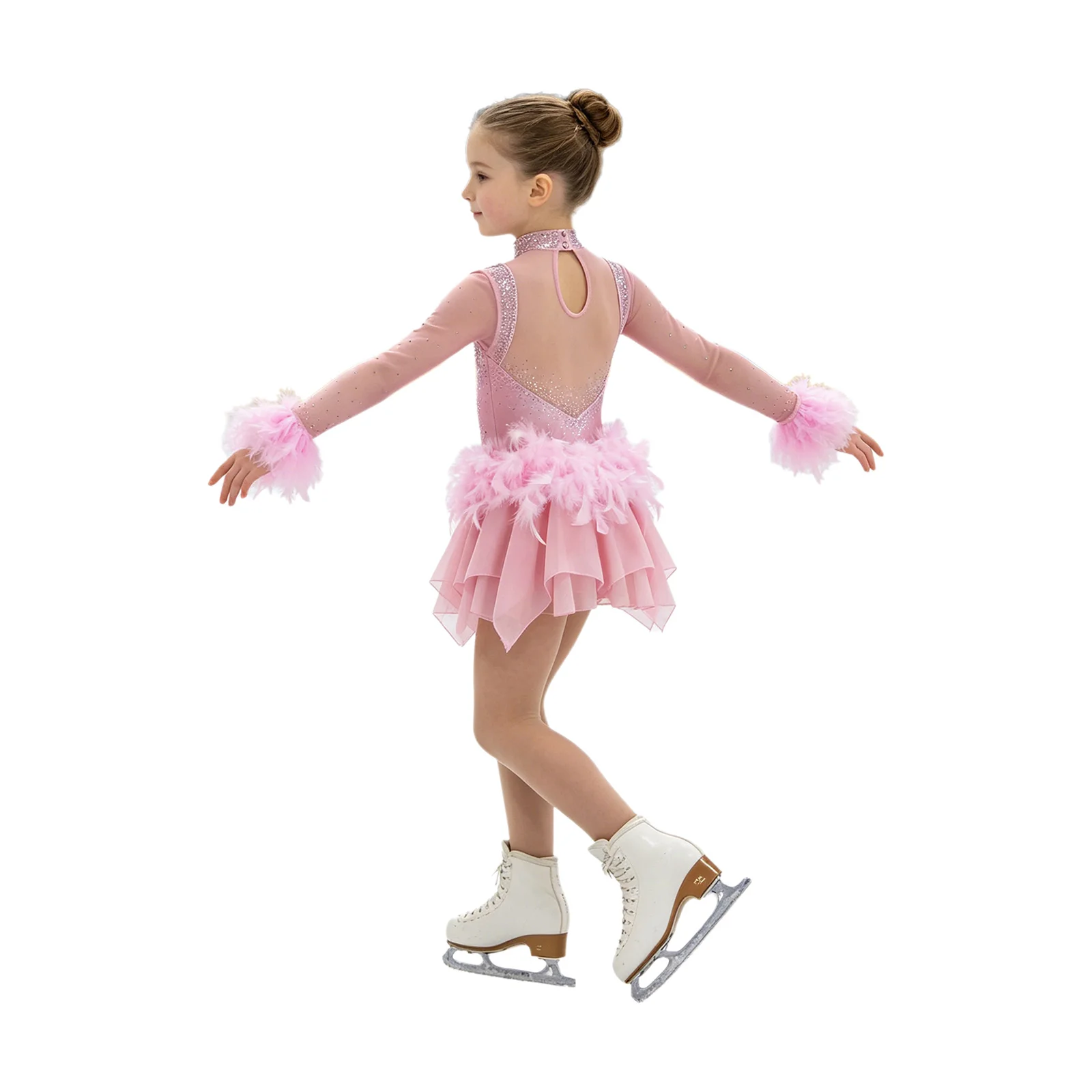 Vestido de Baile para Niñas con Pedrería, para Patinaje Artístico, Gimnasia Rítmica, Baile Latino, Jazz y Ballet, Mangas Largas, Malla y Plumas
